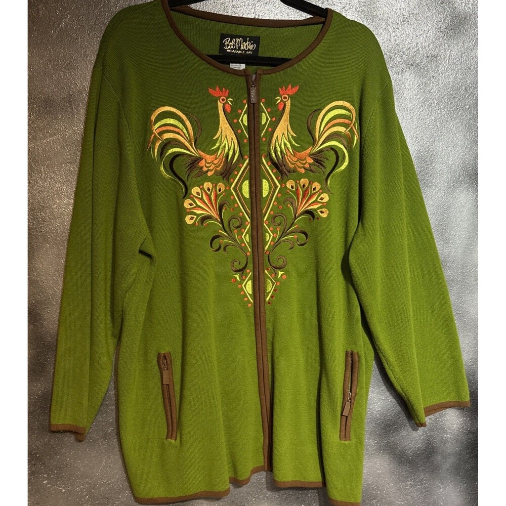 Bob Mackie Full Zip Cardigan Sweater 2X Fall Green Embroidered Rooster Vintage